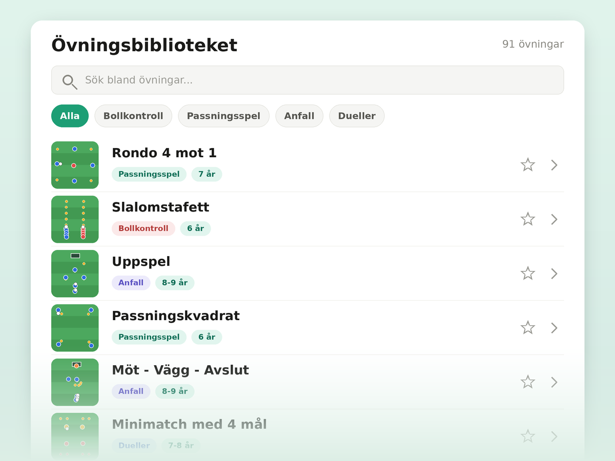 Övningsbibliotek med träningsövningar för barnfotboll, sökfält och filter per kategori