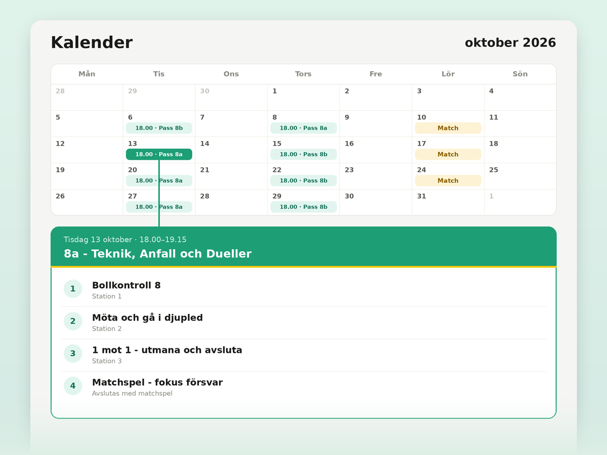 Kalender med schemalagda träningspass och ett färdigt träningspass för barnfotboll i Fotbollsplanen